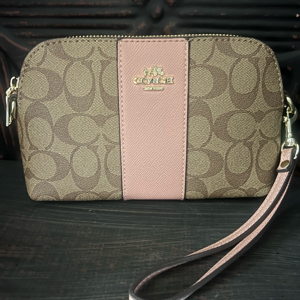 Coach Signature Canvas Wristlet in Pink and Brown with Long Strap - Picture 6 of 11